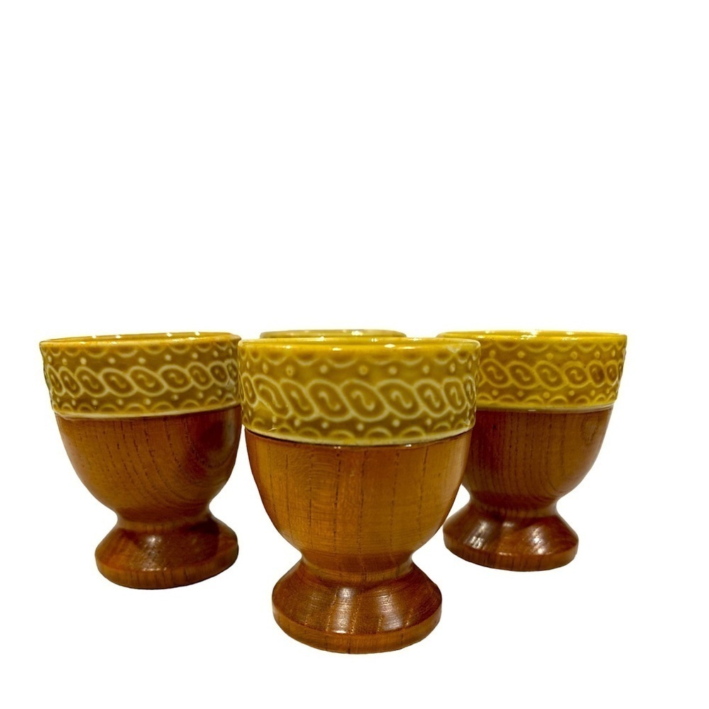 Vintage Wood & Ceramic Egg Cup Holder, Japan set of 4